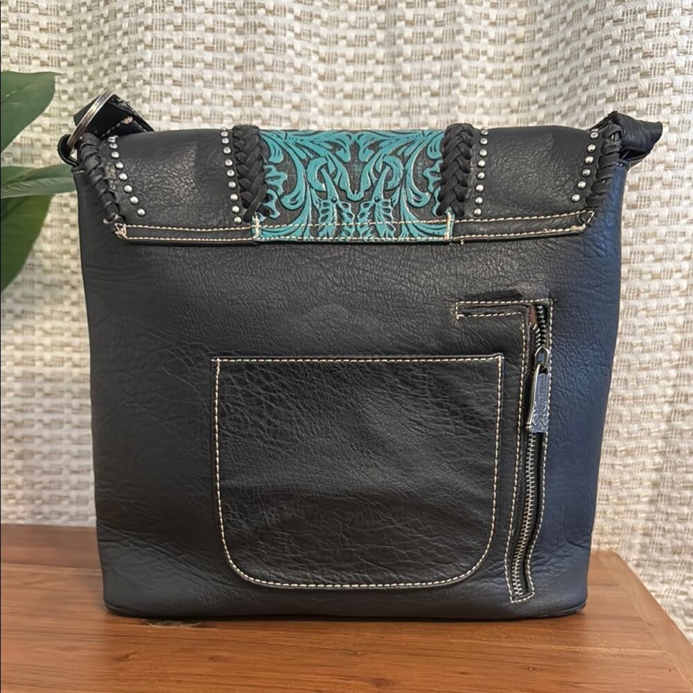 Trinity ranch Black and Teal leather tassel shoulder bag - Picture 3 of 10